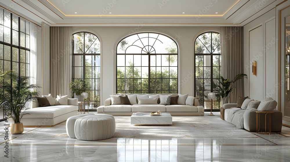 A spacious and luxurious living room with large windows, a plush white sofa, and a marble coffee table. A spacious and luxurious living room with large windows, a plush white sofa, and a marble coffee table.