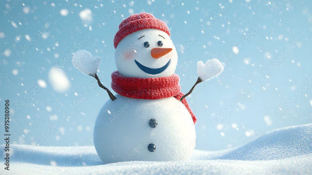 Cheerful snowman in a red knitted scarf, arms raised as snow gently falls, creating a festive winter holiday scene Cheerful snowman in a red knitted scarf, arms raised as snow gently falls, creating a festive winter holiday scene