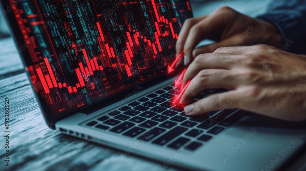 Hands Typing on Laptop with Red Downward Arrows and Stock Market Chart Hands Typing on Laptop with Red Downward Arrows and Stock Market Chart