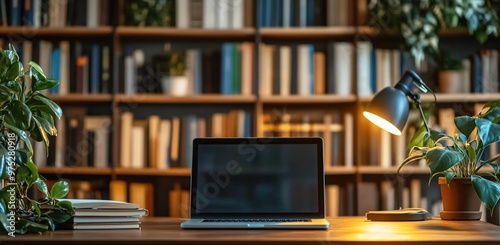 A laptop sits on the desk in front of bookshelves  surrounded by plants and books. The focus is on one of the books