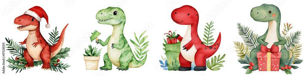 Naklejka premium Cute and festive dinosaurs in holiday attire, celebrating with gifts and greenery, perfect for cheerful seasonal designs.