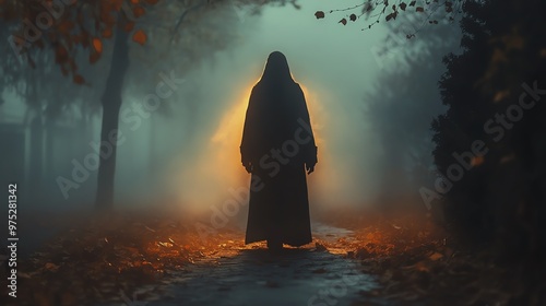 Apparition wearing an antique autumn coat, glowing softly, walking through a foggy, leafstrewn path photo