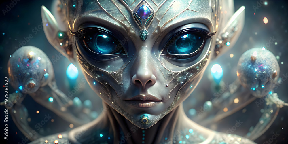 Close up portrait of an alien made of crystal with big shiny black eyes and a soulful gaze, crystal, alien, futuristic Close up portrait of an alien made of crystal with big shiny black eyes and a soulful gaze, crystal, alien, futuristic