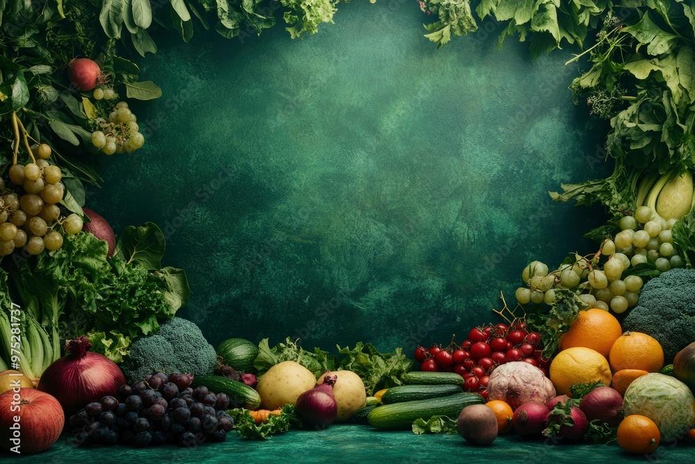 Organic ingredient products advertising photo template over green texture. Plenty fresh vegetables and fruits displayed in the middle of dark green table top. Blank space, front angle , ai Organic ingredient products advertising photo template over green texture. Plenty fresh vegetables and fruits displayed in the middle of dark green table top. Blank space, front angle , ai