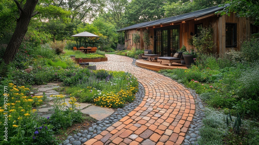Fototapeta premium Serene garden path leading to a cozy wooden home.