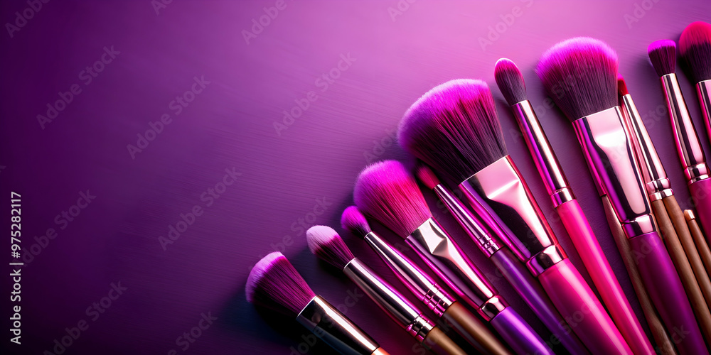 Vibrant pink and purple background with professional makeup brushes showcasing artistic beauty and cosmetic elegance Vibrant pink and purple background with professional makeup brushes showcasing artistic beauty and cosmetic elegance