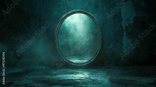 Enchanted mirror glowing with eerie light, fearsome reflections of twisted realities, magic and dread intertwined