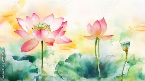 Fototapeta Naklejka Na Ścianę i Meble -  A serene watercolor illustration of blooming lotus flowers surrounded by lush green leaves, evoking tranquility and beauty.