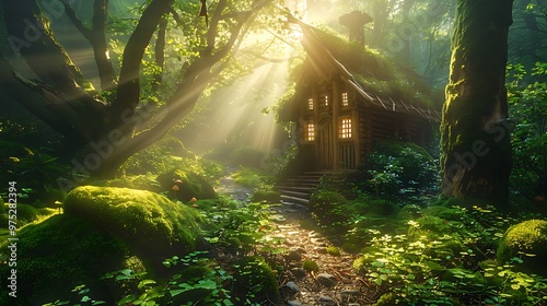 Magical Forest Cabin with Sunbeams and Moss