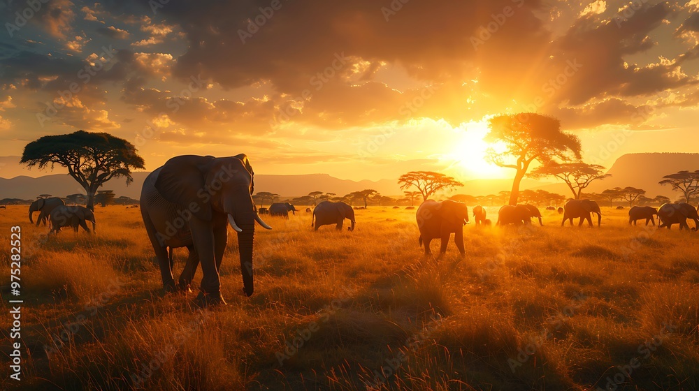 Fototapeta premium African Elephant Herd at Sunset in Savanna Grassland