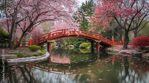 Red Bridge Over Pond With Cherry Blossoms And Fish