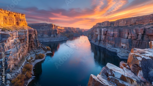 Dramatic Canyon Landscape with River at Sunset