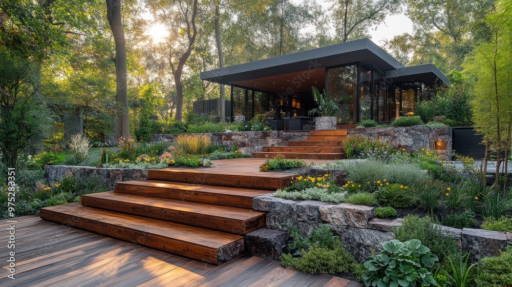 Modern house with wooden steps amidst lush greenery and flowers. Modern house with wooden steps amidst lush greenery and flowers.