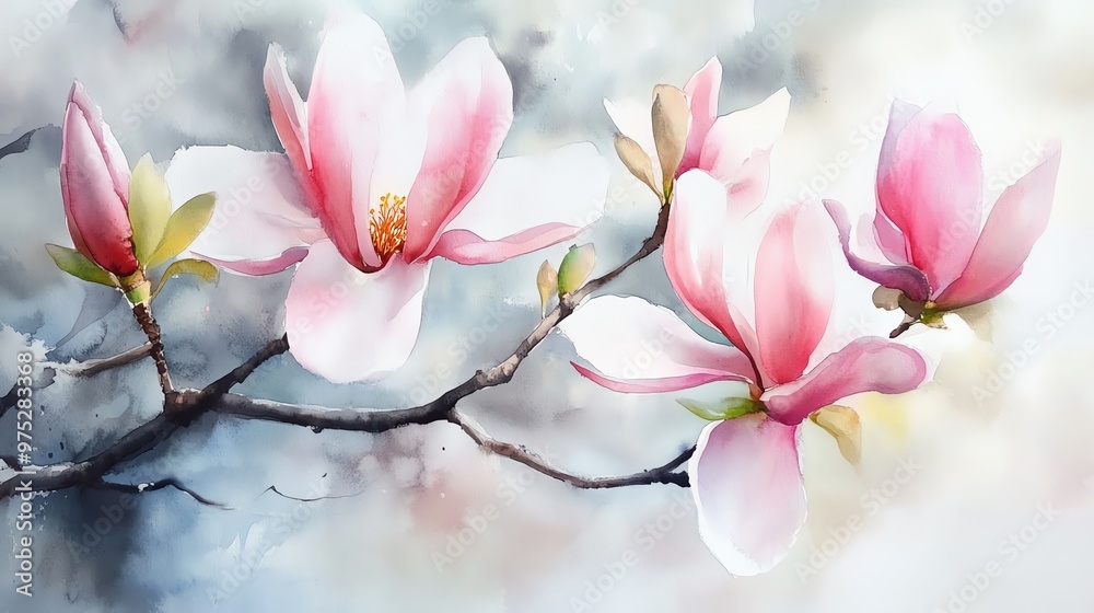 Obraz premium Delicate pink magnolia flowers bloom gracefully on branches, set against a soft, ethereal background, embodying spring's beauty.
