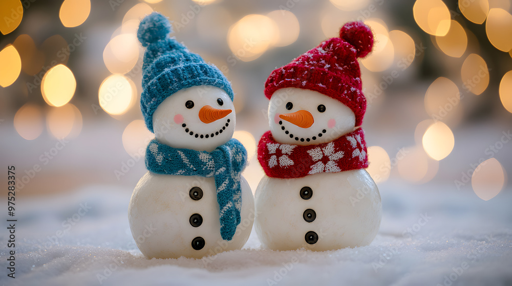 Two smiling snowmen wearing blue and red scarves and hats, standing together in a snowy landscape with glowing bokeh lights Two smiling snowmen wearing blue and red scarves and hats, standing together in a snowy landscape with glowing bokeh lights