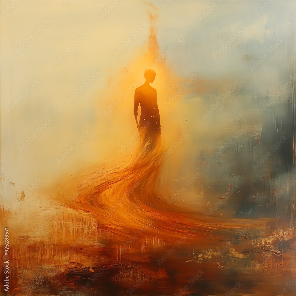 Orangeclad figure with an ethereal aura, floating gracefully through a mystical, misty landscape Orangeclad figure with an ethereal aura, floating gracefully through a mystical, misty landscape