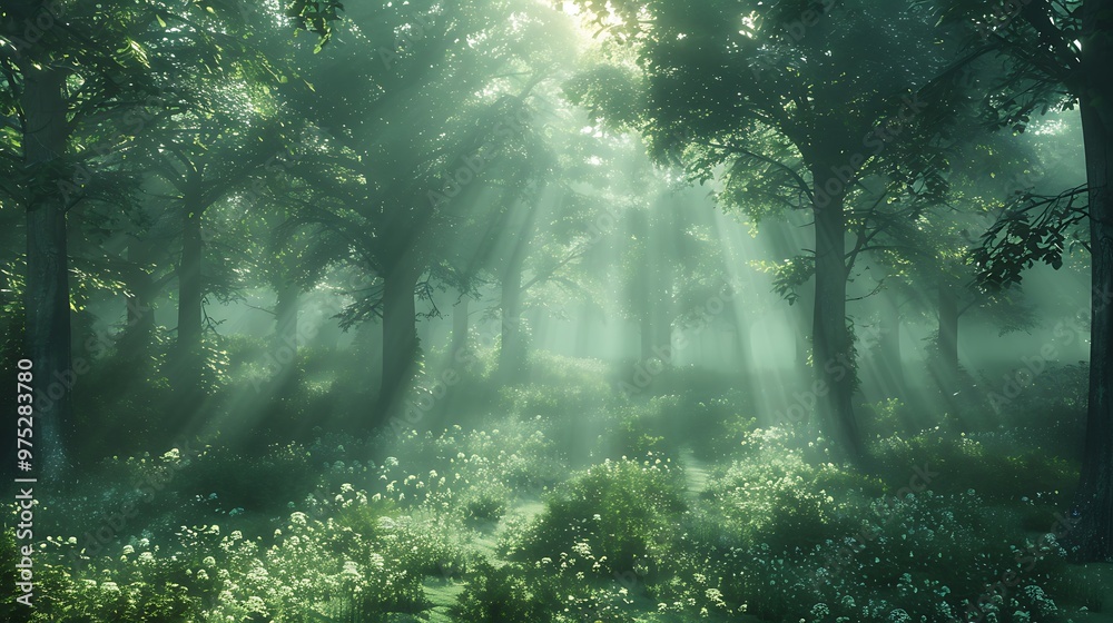 Sunlight Through Trees in a Misty Forest Sunlight Through Trees in a Misty Forest
