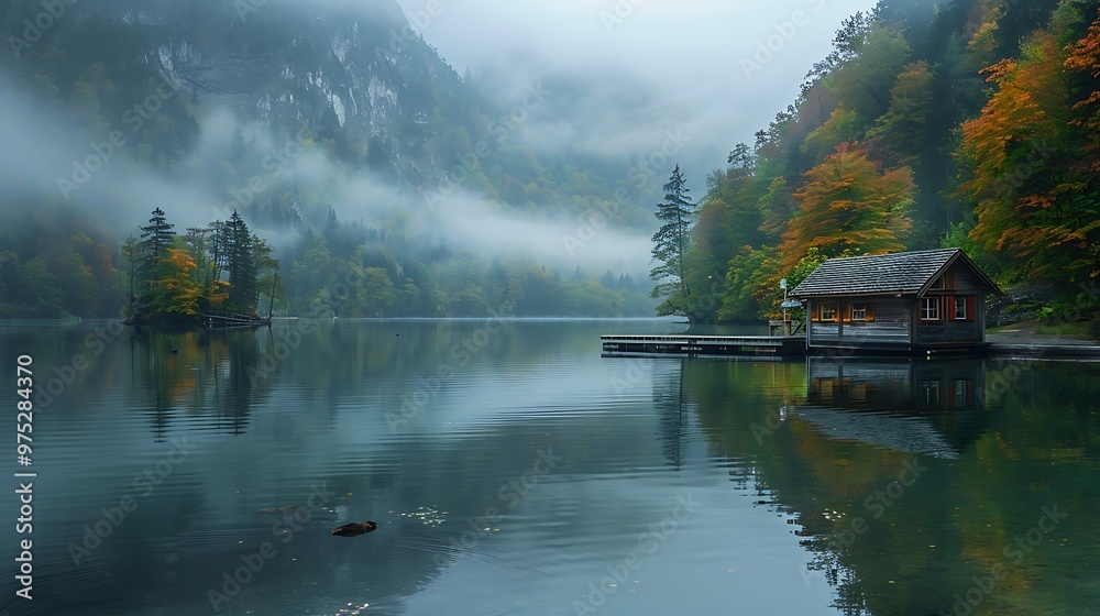 Misty Morning Lake Cabin with Autumn Foliage and Mountains Misty Morning Lake Cabin with Autumn Foliage and Mountains