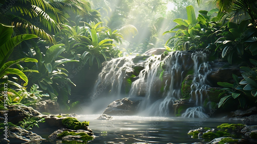 Lush Tropical Waterfall with Sunbeams and Mist