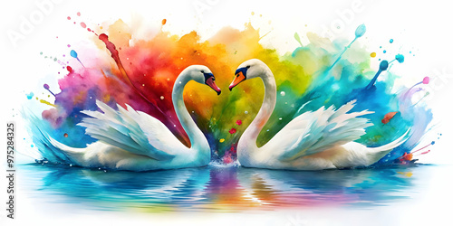 Colorful ink splash art of a couple of swans swimming gracefully, Swans, couple, colorful, ink splash, art,water, graceful