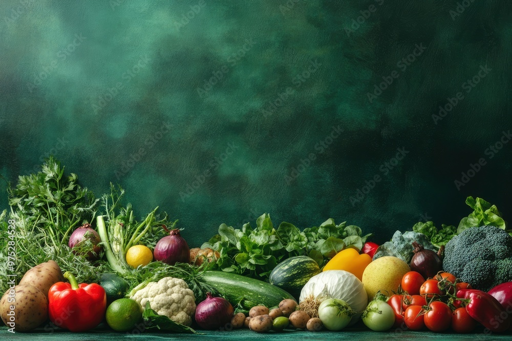 Organic ingredient products advertising photo template over green texture. Plenty fresh vegetables and fruits displayed in the middle of dark green table top. Blank space, front angle , ai Organic ingredient products advertising photo template over green texture. Plenty fresh vegetables and fruits displayed in the middle of dark green table top. Blank space, front angle , ai