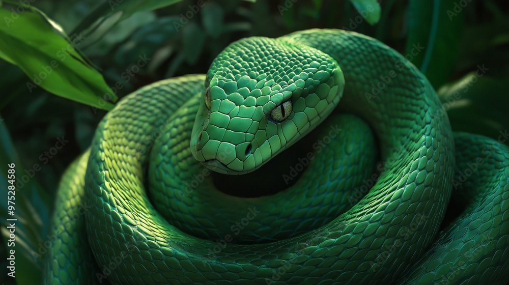 Fototapeta premium A highly detailed close-up of a vibrant green snake coiled up, showing its glossy scales and intense eyes, evoking a sense of wild nature, danger, and beauty