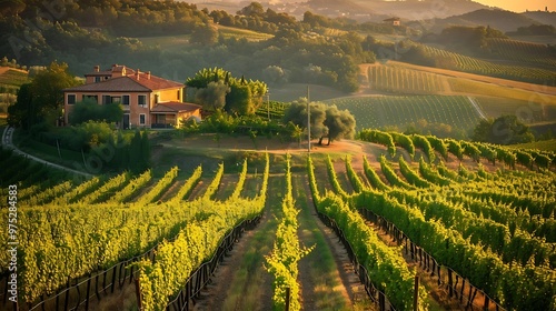 Picturesque Italian Vineyard Landscape with Farmhouse at Sunset