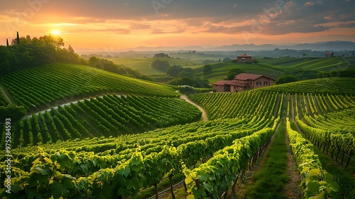Wallpaper Mural Picturesque Vineyard Landscape at Sunset with Lush Green Vines and Rolling Hills Torontodigital.ca