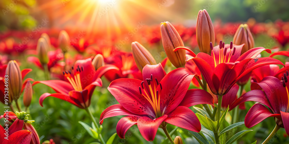 Vibrant red lilies in full bloom on a sunny day, red, lilies, flowers, blooms, blossoms, nature, vibrant, garden, petals Vibrant red lilies in full bloom on a sunny day, red, lilies, flowers, blooms, blossoms, nature, vibrant, garden, petals