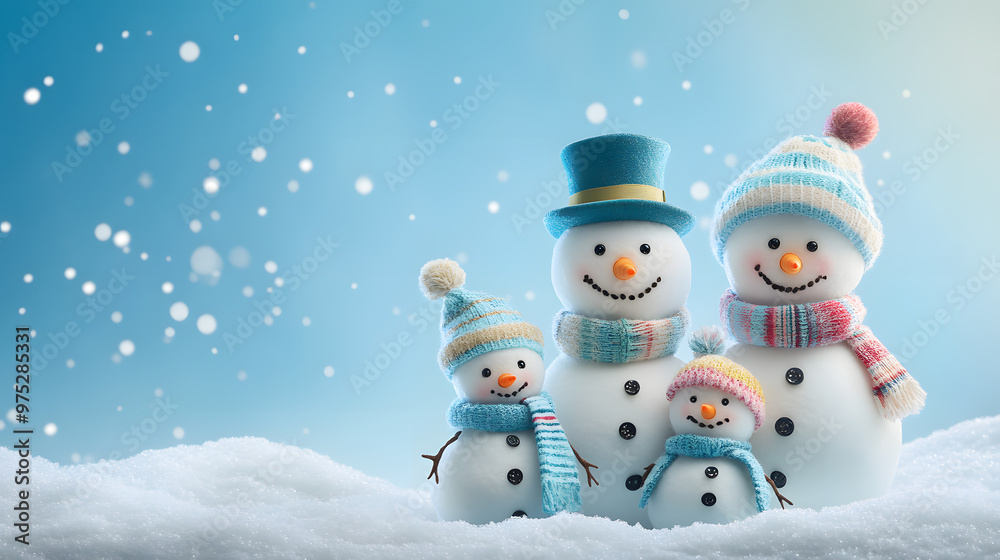 Happy family of snowmen standing in snow under a bright sky, with carrot noses, colorful scarves, and joyful smiles Happy family of snowmen standing in snow under a bright sky, with carrot noses, colorful scarves, and joyful smiles