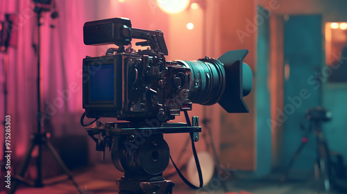 modern video movie camera on a tripod, in a bustling television studio 