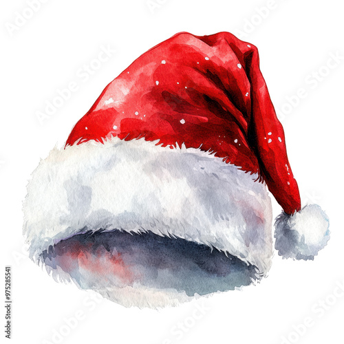 A Santa hat clipart, Christmas accessory, watercolor illustration, festive red, isolated on white background photo