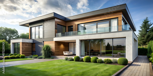 Minimalist modern house exterior with clean lines, large windows, and landscaped garden , minimalist, modern