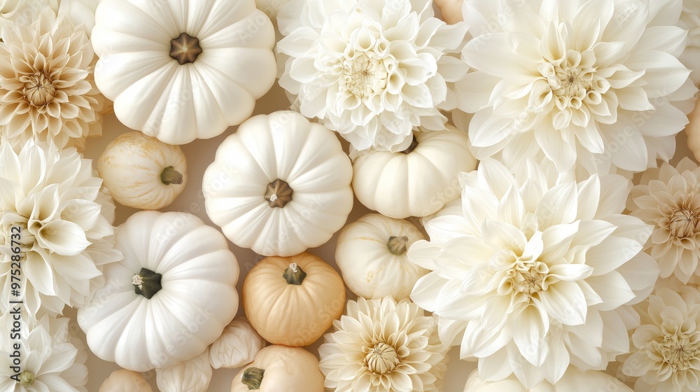 Top view of white and peach-colored pumpkins mixed with soft dahlias, creating an elegant and harmonious autumn composition with a warm color palette