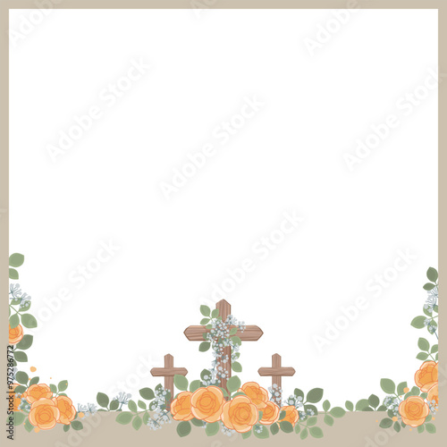 Card frame with wooden cross and yellow flowers. Christianity. Religious illustration. Church. Funeral.