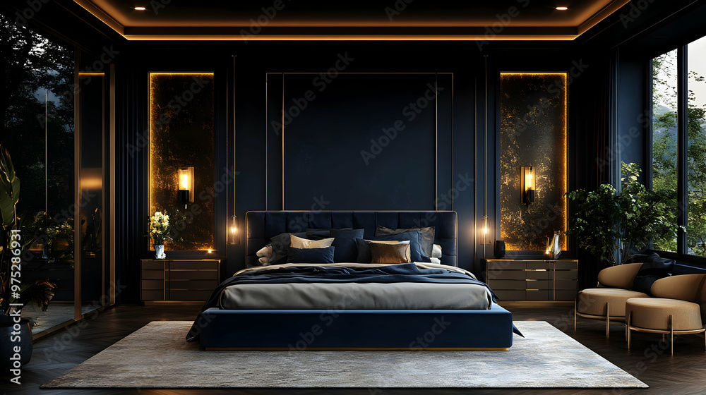 Luxurious bedroom interior with a king-sized bed, dark blue walls, gold accents, and a large window. Luxurious bedroom interior with a king-sized bed, dark blue walls, gold accents, and a large window.