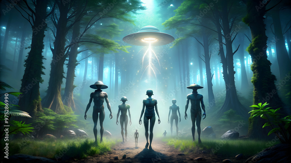 Fototapeta premium Aliens exploring dark and mysterious woods, aliens, extraterrestrial, forest, trees, exploration, mysterious