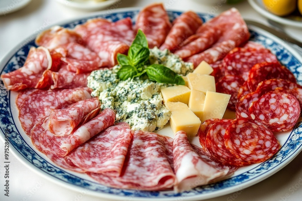 A tempting platter featuring traditional Italian salami, ham, pecorino cheese, and creamy gorgonzola served at an Italian eatery A tempting platter featuring traditional Italian salami, ham, pecorino cheese, and creamy gorgonzola served at an Italian eatery