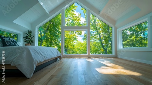 Cozy Bedroom with Panoramic Windows in Elegant Modern Home Interior