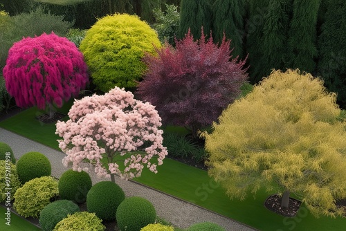 Stunning Aerial Perspective of Colorful Laburnum Rhus and Quercus Trees for Beautiful Garden Design