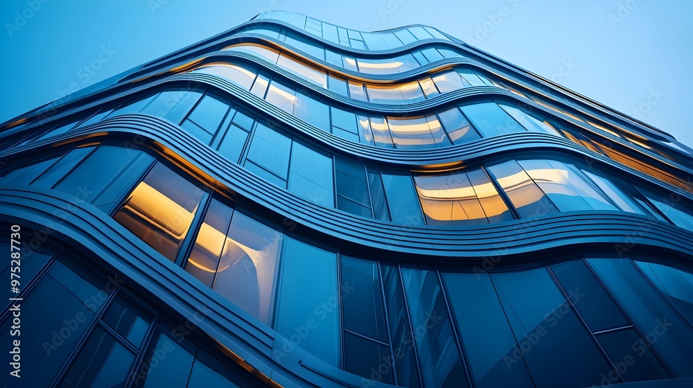Obraz premium Distinctive Futuristic Steel and Glass Building with Striking Neon Highlights in a Modern Urban Skyline