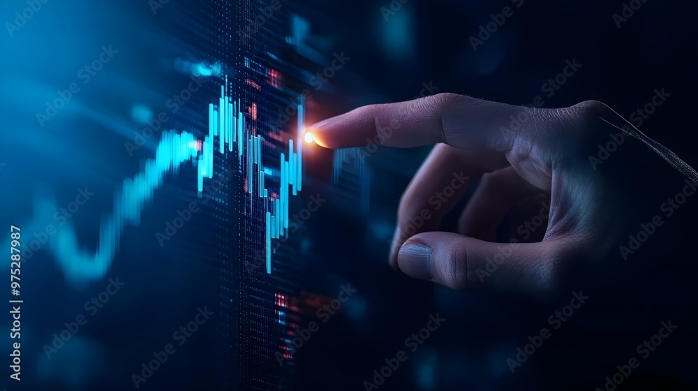 Futuristic hand touching virtual graph on glowing holographic business technology interface Futuristic hand touching virtual graph on glowing holographic business technology interface