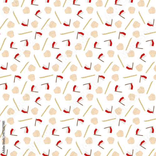 Indonesian independence themed background, has a picture of a hand, Indonesian flag, and sharpened bamboo. Suitable for Indonesia independence day themed.
