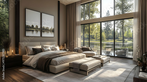Fototapeta Naklejka Na Ścianę i Meble -  Luxurious bedroom with large windows overlooking a lake and forest.