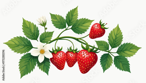 Strawberry Plant with Flowers and Fruit