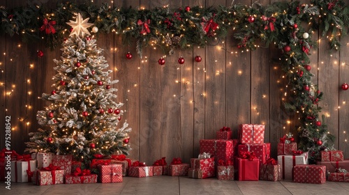 Festive Holiday Decor Display with Glittering Garlands and Vine Christmas Tree Behind Frosted Glass Backdrop