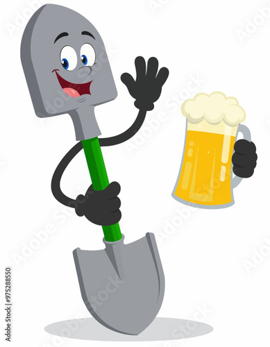 Smiling Shovel Character Holding Beer  
