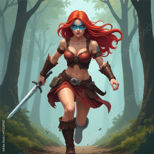 Redhead Warrior Running Through Forest 
