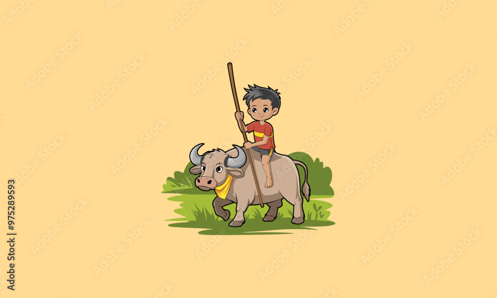 Boy riding a water buffalo with a stick. Boy riding a water buffalo with a stick.