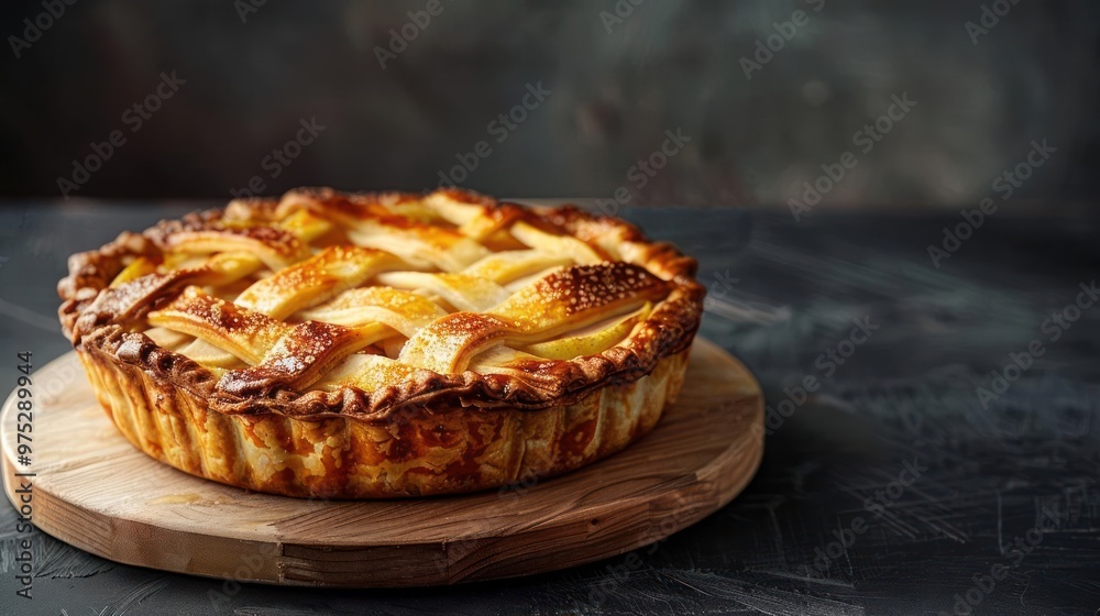 Freshly baked pie on a wooden board, ready to be served. The flaky pastry crust is golden brown, Freshly baked pie on a wooden board, ready to be served. The flaky pastry crust is golden brown,